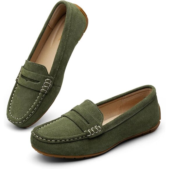 Kordal Women Army Green Suede Gold Accent Buckle Slip-Ons Walking Flats Loafers - Picture 9 of 9